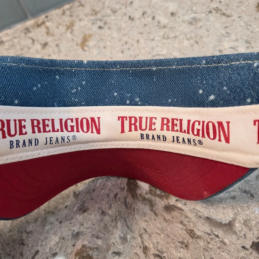 True Religion Denim Visor Blue Paint Splatter Red Horseshoe‎ Logo Adjustable Hat